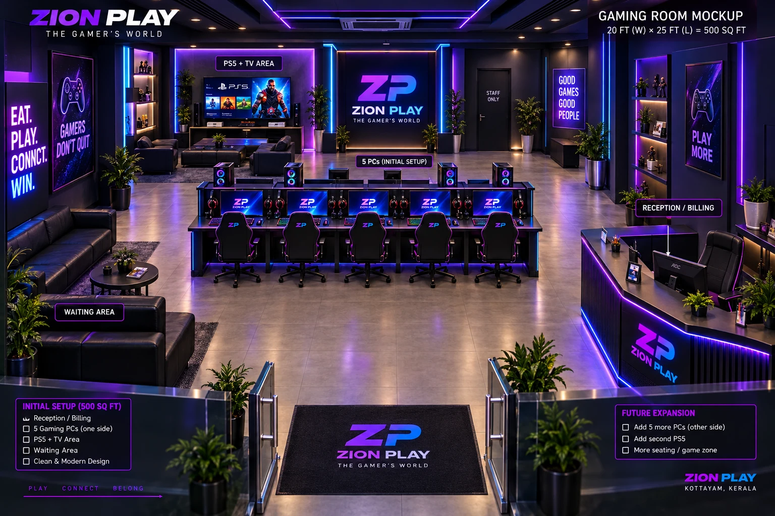 Supplied Zion Play café concept showing a proposed gaming lounge interior; layout and annotated specifications are conceptual, not confirmed